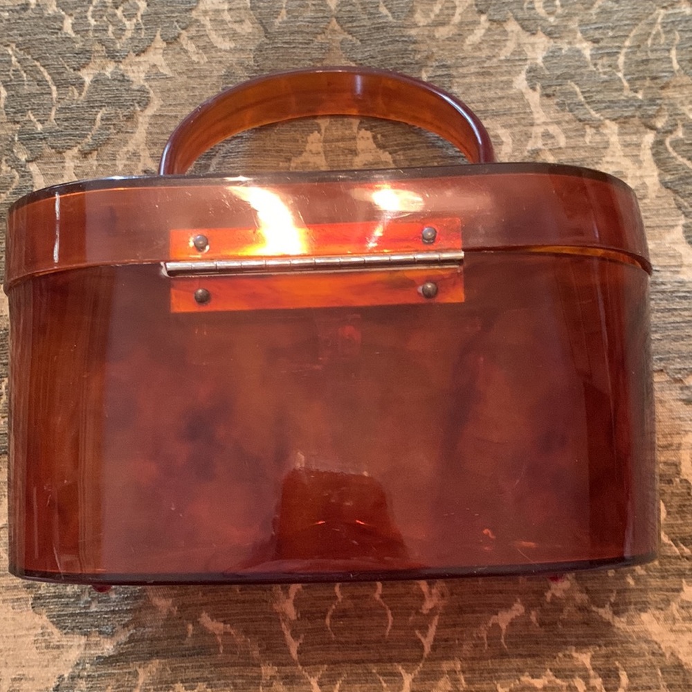 VINTAGE 1950’s TORTOISE-LOOK LUCITE BOX BAG:AMBER WITH SWING HANDLE :HANDBAG - Picture 4 of 6